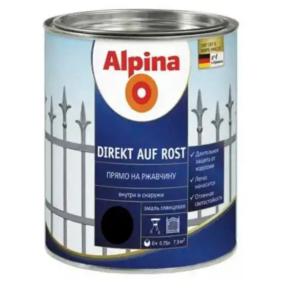 Емаль алкідна антикорозійна 3 в 1 Alpina Direkt auf Rost, 0,75 л, глянцевий чорний купити недорого в Україні, фото 1