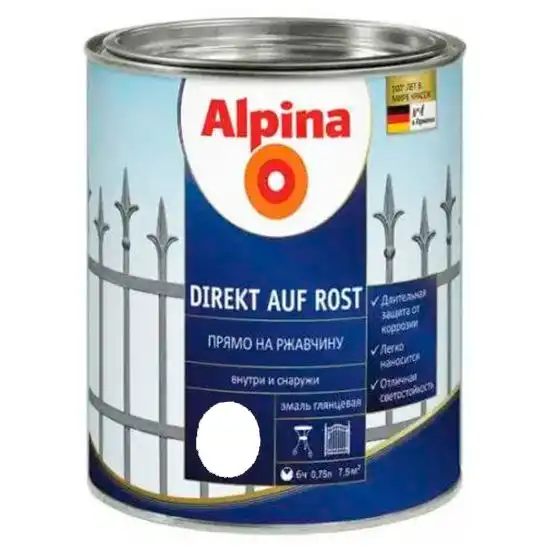 Емаль алкідна антикорозійна 3 в 1 Alpina Direkt auf Rost, 0,75 л, глянцевий білий купити недорого в Україні, фото 1