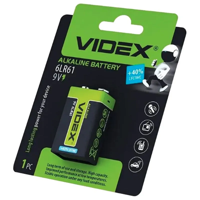 Батарейка лужна Videx, 9V/6LR6, крона, 23235 купити недорого в Україні, фото 1