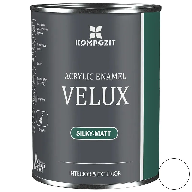 Эмаль Kompozit VELUX, 100 белый, шелковисто-матовая, 0,75 л купить недорого в Украине, фото 1