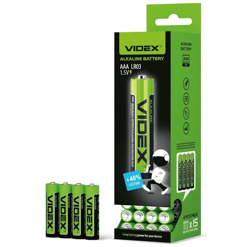 Батарейка лужна Videx, AAA/LR03, 4 шт, 25467 купити недорого в Україні, фото 1