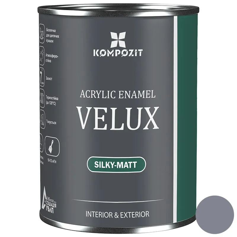 Эмаль акриловая Kompozit Velux, 110 серая гавань, шелковисто-матовая, 0,75 л купить недорого в Украине, фото 1