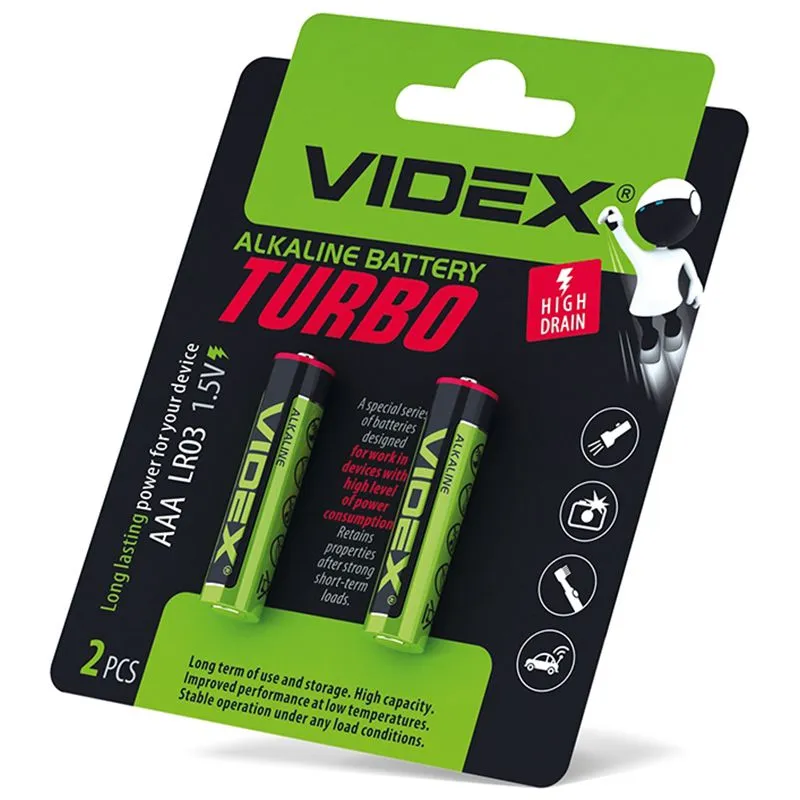 Батарейка лужна Videx Turbo, AAA/LR03, 2 шт, 24239 купити недорого в Україні, фото 1