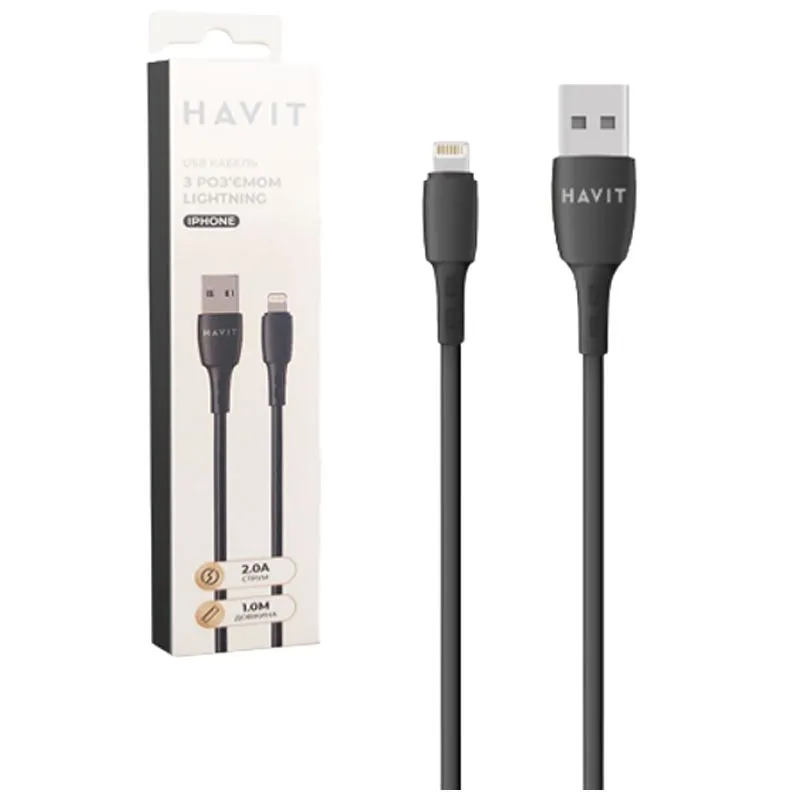 Кабель USB Havit Lightning 2 A, 1 м, чорний, HV-CB619C купити недорого в Україні, фото 1