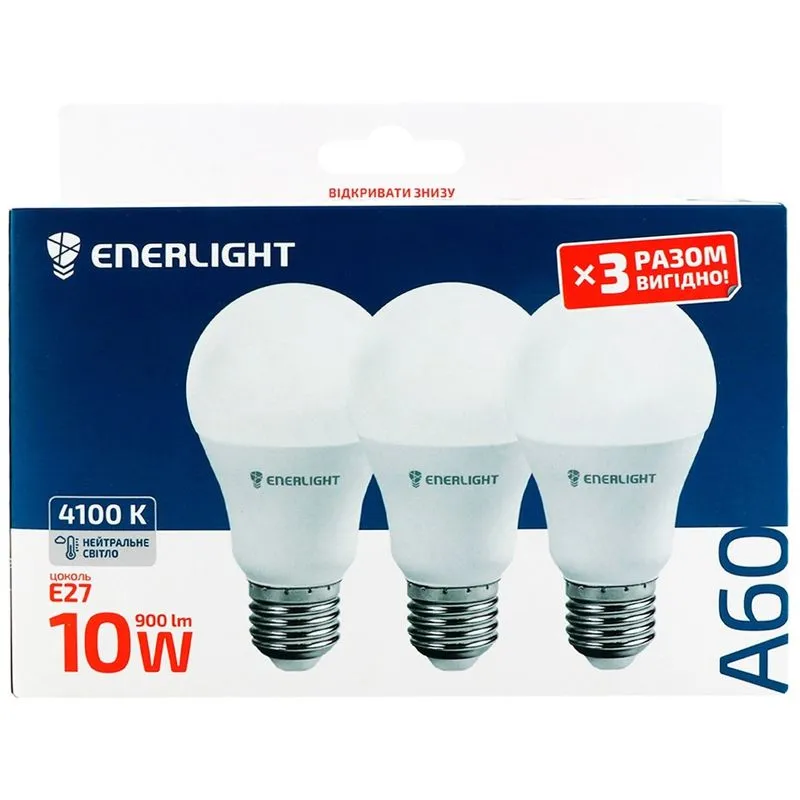 Лампа світлодіодна Enerlight, 10 Вт, A60, E27, 4100K, уп. 3 шт, A60E2710SMDNFRX3 купити недорого в Україні, фото 2