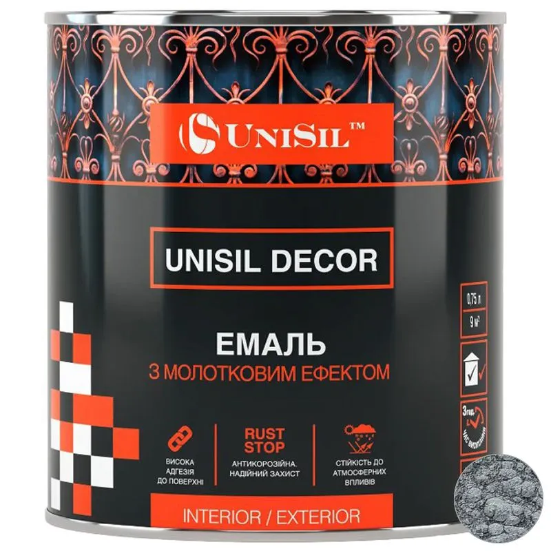 Эмаль Unisil Decor с молотковым эффектом, 0,75 л, серебро купить недорого в Украине, фото 1