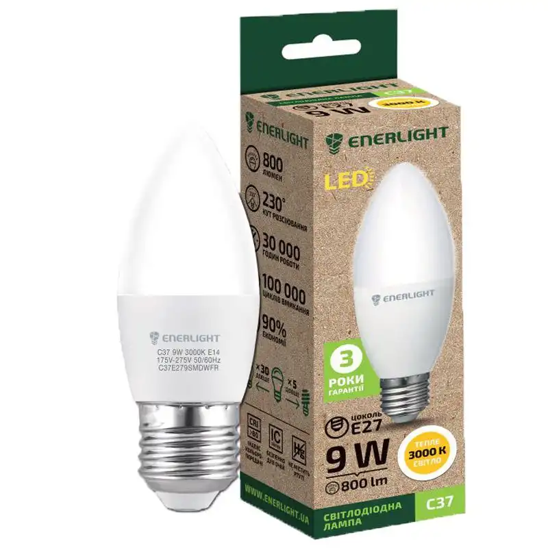 Лампа Enerlight С37, 9W, E27, 3000K, C37E279SMDWFR купити недорого в Україні, фото 1