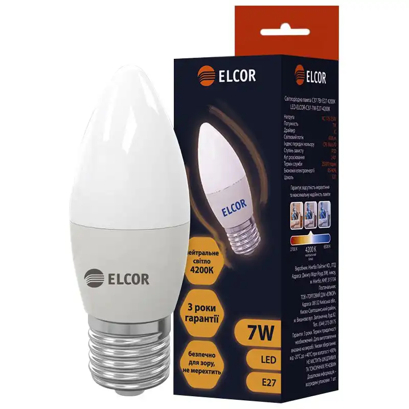 Лампа Elcor Led, С37, 7W, Е27, 4200К купити недорого в Україні, фото 1