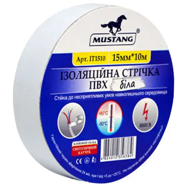 Изолента Mustang, 10 м х 15 мм, белый, IT1510Б купить недорого в Украине, фото 1