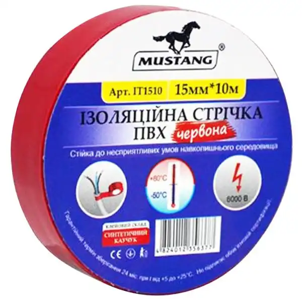 Изолента Mustang, 10 м х 15 мм, красный, IT1510К купить недорого в Украине, фото 1
