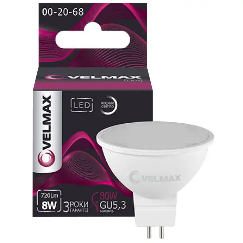 Лампа Velmax, 8W, MR16, GU5.3, 4100K, 720 Lm, 21-14-54 купити недорого в Україні, фото 1