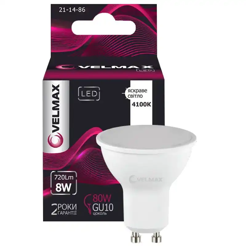 Лампа Velmax, 8W, MR16, GU10, 4100K, 720 Lm, 21-14-86 купити недорого в Україні, фото 1
