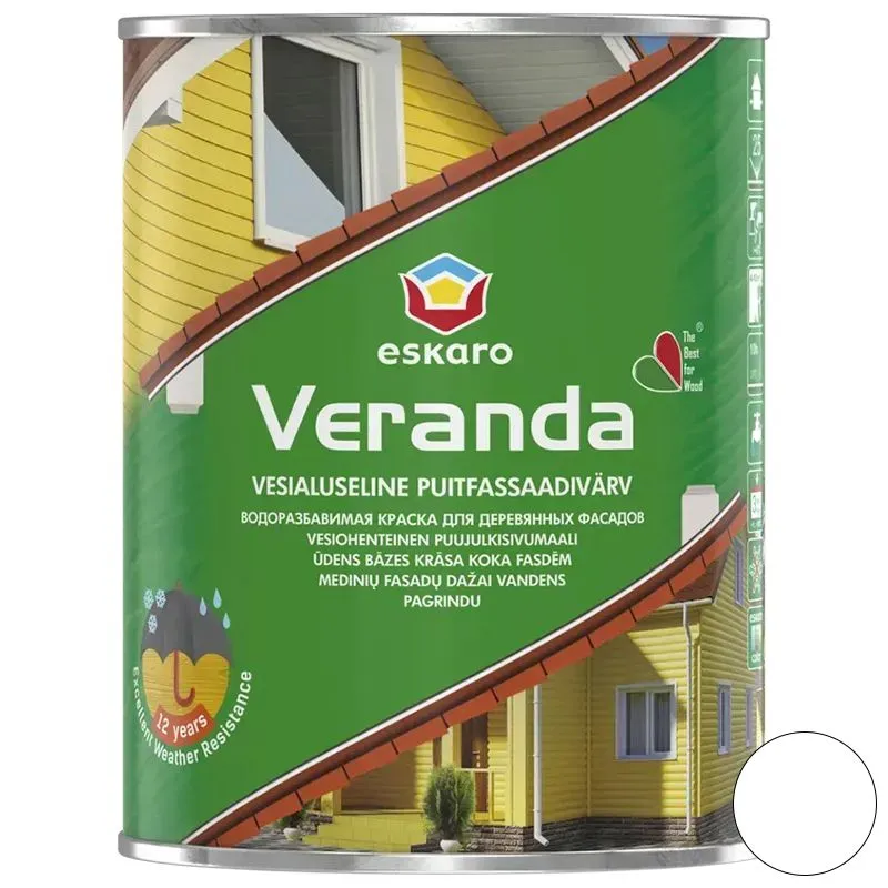 Фарба олійно-акрилова для деревини Eskaro Veranda, 0,95 л, білий, 3209100000 купити недорого в Україні, фото 1