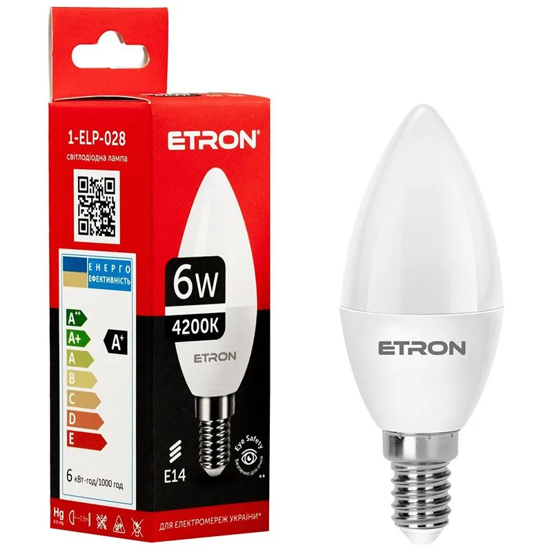 Лампа світлодіодна Etron, 6 W, C37, E14, 4200 K, 1-ELP-028 купити недорого в Україні, фото 1