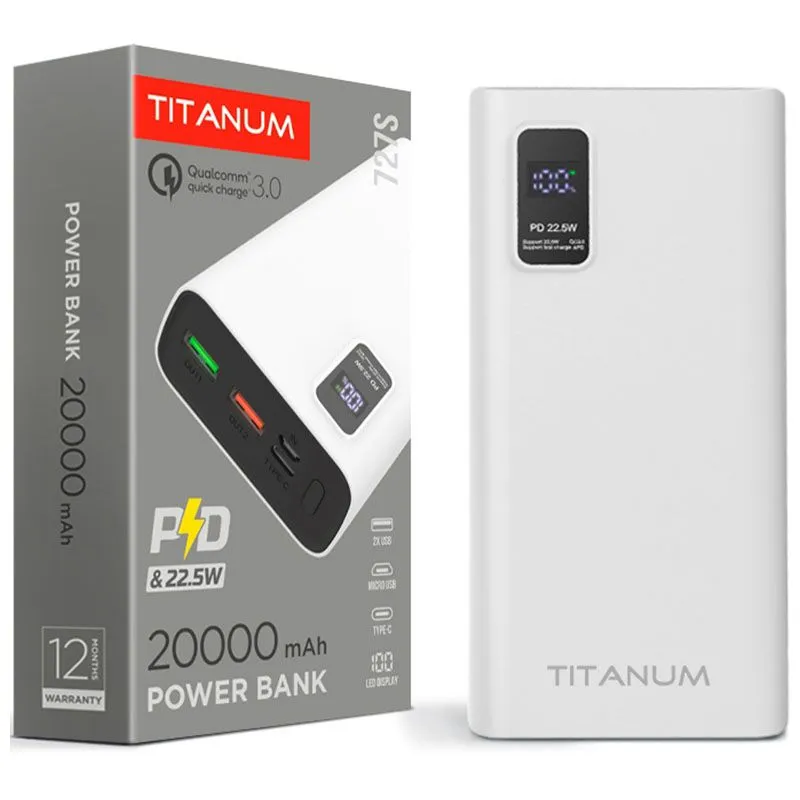 Универсальная мобильная батарея Titanum TPB-727S, QC+PD, 20000 mAh, 22,5 Вт, белый купить недорого в Украине, фото 1
