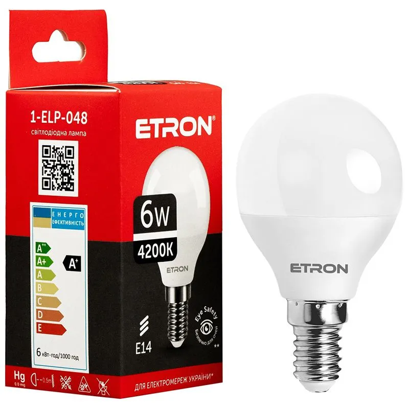 Лампа світлодіодна Etron, 6 W, G45, E14, 4200 K, 1-ELP-048 купити недорого в Україні, фото 1