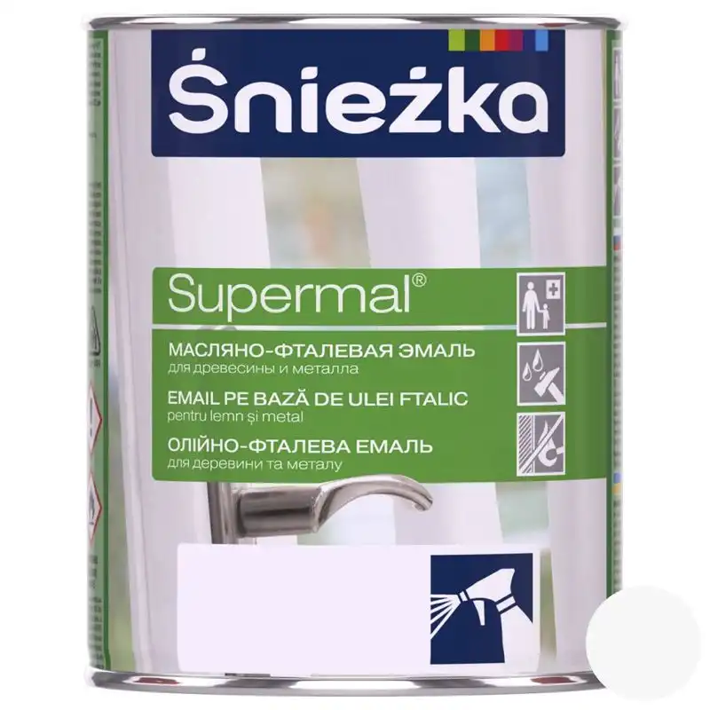 Емаль олійно-фталева для деревини та металу Sniezka Supermal, 0,8 л, матовий білий купити недорого в Україні, фото 1