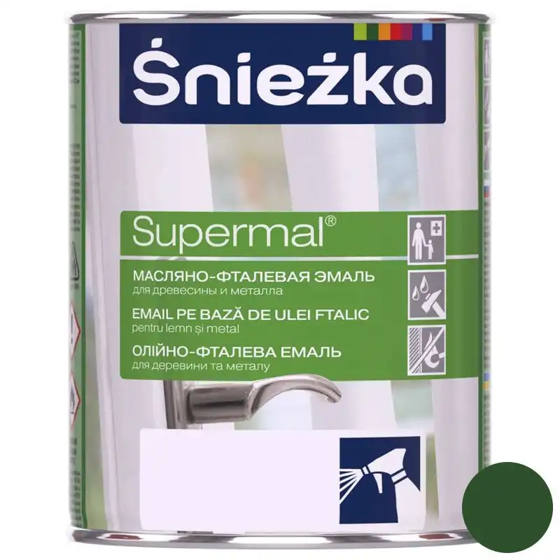 Эмаль масляно-фталевая для дерева и металла Sniezka Supermal, 0,8 л, глянцевый зелёный купить недорого в Украине, фото 1