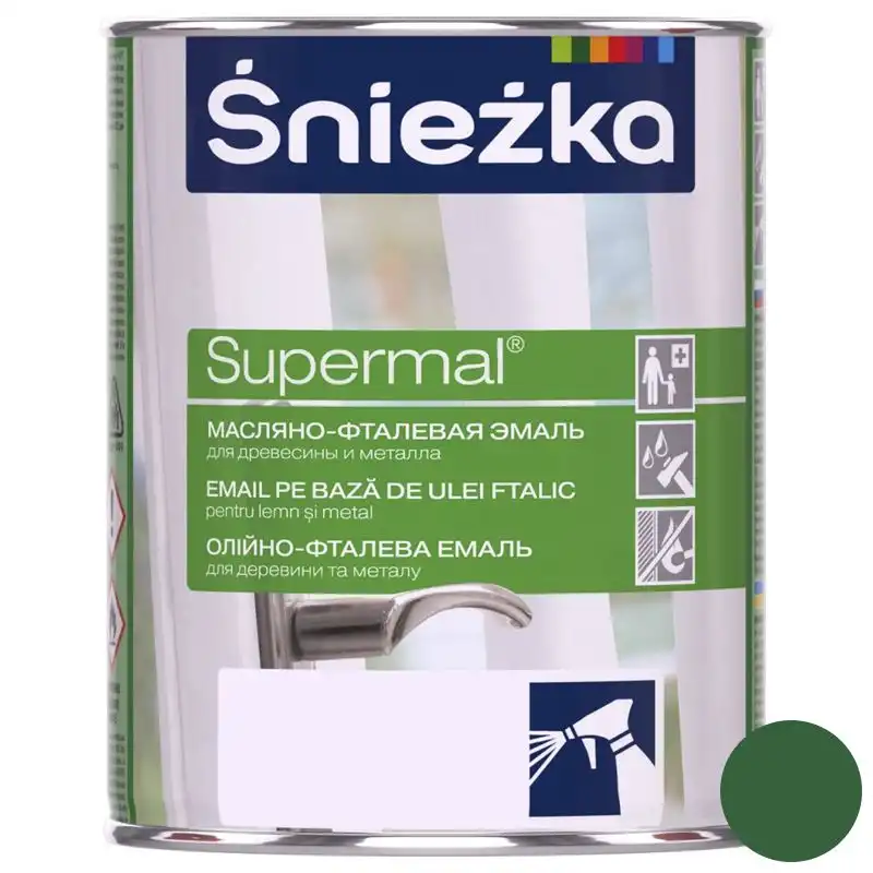 Емаль олійно-фталева для деревини та металу Sniezka Supermal, 0,8 л, глянцевий М’ята зелена купити недорого в Україні, фото 1