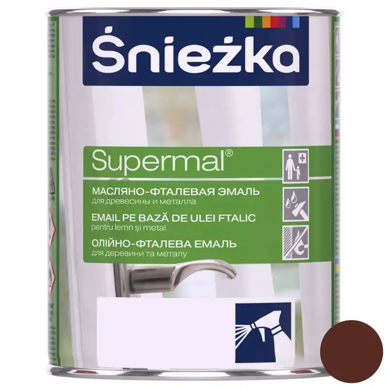 Эмаль масляно-фталевая для дерева и металла Sniezka Supermal, 0,8 л, глянцевый коричневый купить недорого в Украине, фото 1