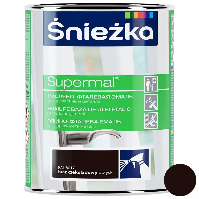 Емаль олійно-фталова для деревини та металу Sniezka Supermal , 0,8 л, глянцевий шоколадний купити недорого в Україні, фото 1