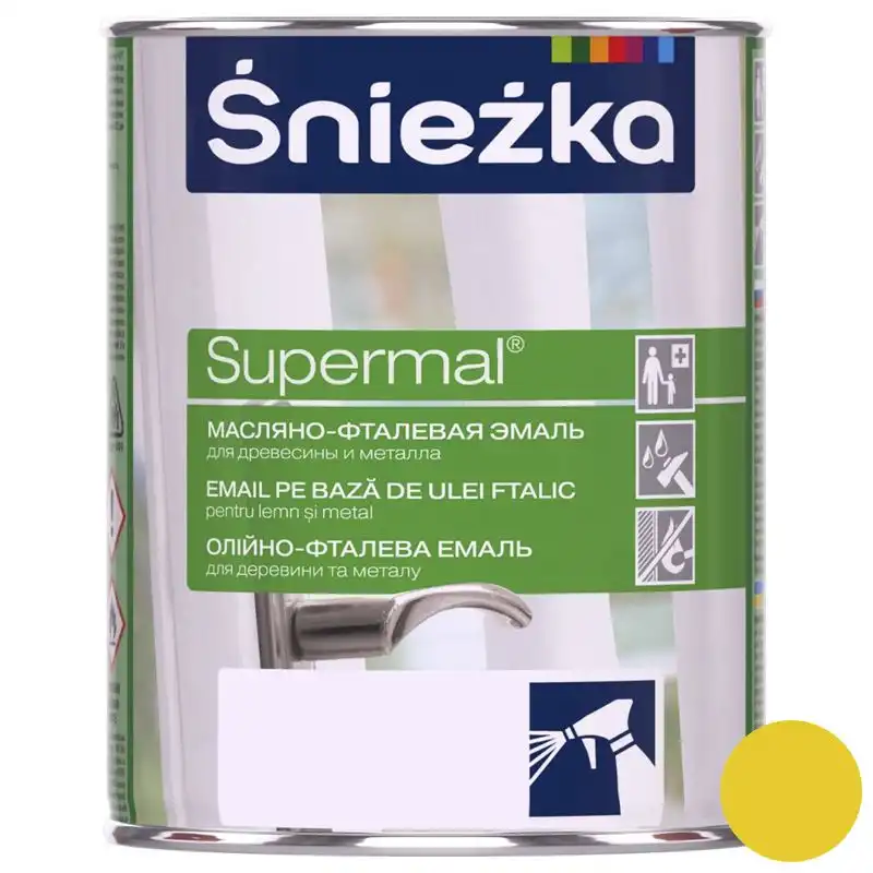 Емаль олійно-фталева для деревини та металу Sniezka Supermal, 0,8 л, глянцевий жовтий купити недорого в Україні, фото 1