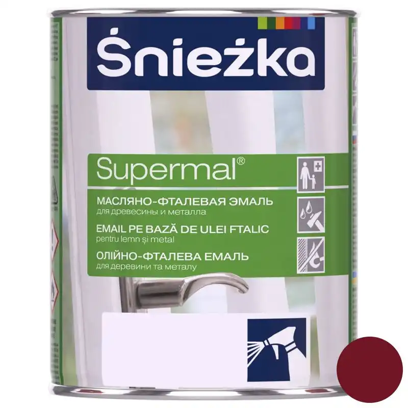 Эмаль масляно-фталевая для дерева и металла Sniezka Supermal, 0,8 л, глянцевый вишнёвый купить недорого в Украине, фото 1