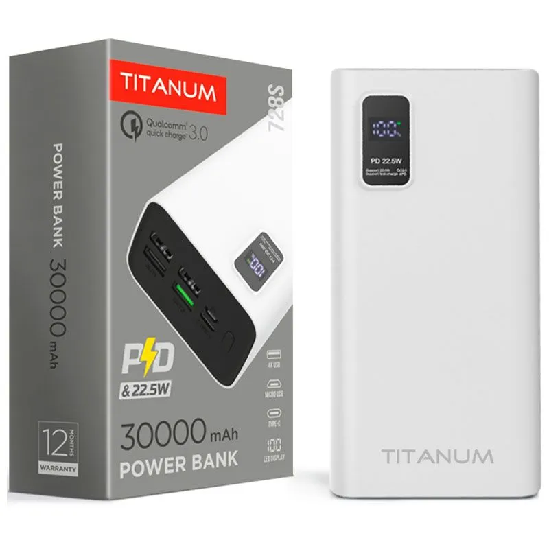 Универсальная мобильная батарея Titanum TPB-728S, 30000 mAh, 22,5 Вт, белый купить недорого в Украине, фото 1