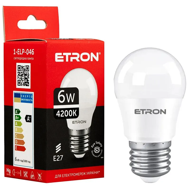 Лампа світлодіодна Etron, 6 W, G45, E27, 4200 K, 1-ELP-046 купити недорого в Україні, фото 1