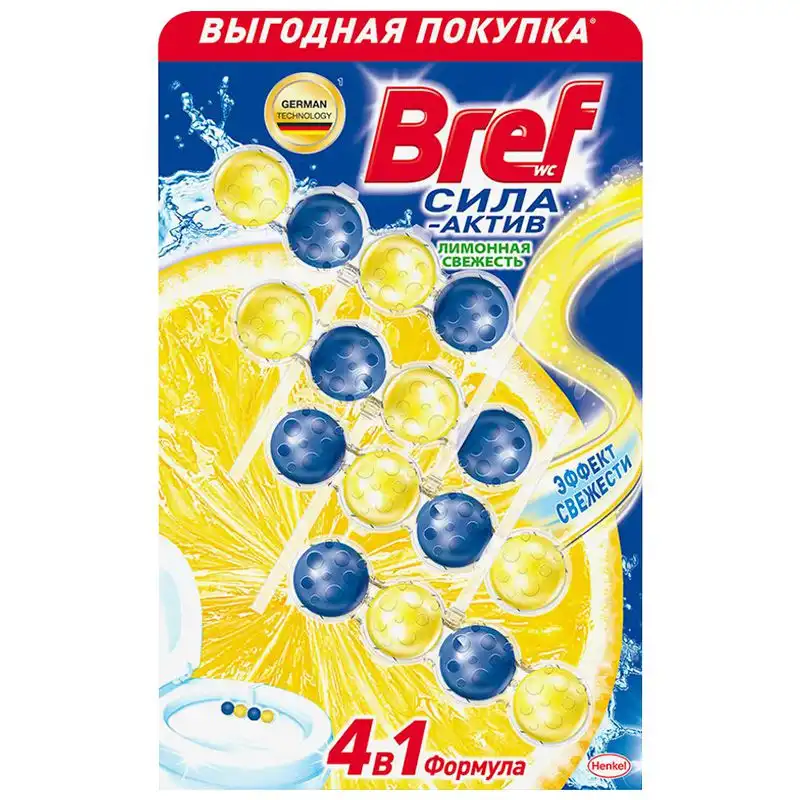 Туалетний блок Bref Сила актив Лимон, 50 г, 4 шт купити недорого в Україні, фото 1