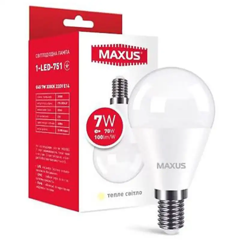 Лампа Maxus G45, 7W, E14, 3000K, 220V, 1-LED-751 купить недорого в Украине, фото 2