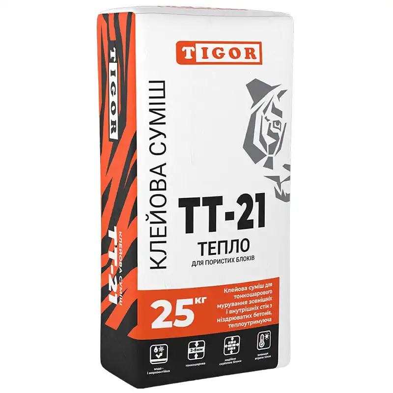 Клей для пористих блоків Tigor ТТ-21 Тепло, 25 кг купити недорого в Україні, фото 1