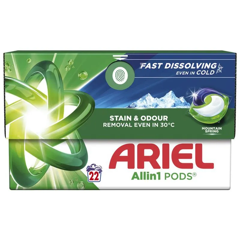 Капсули для прання Ariel Чистота та Свіжість Гірське джерело, 22 шт, 8700216765466 купити недорого в Україні, фото 1