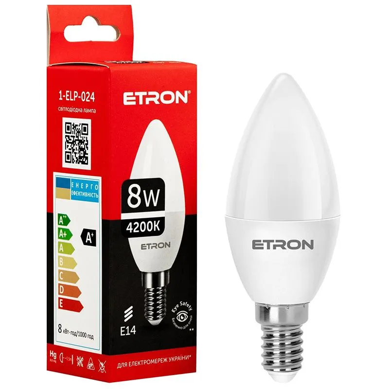 Лампа світлодіодна Etron, 8 W, C37, E14, 4200 K, 1-ELP-024 купити недорого в Україні, фото 1
