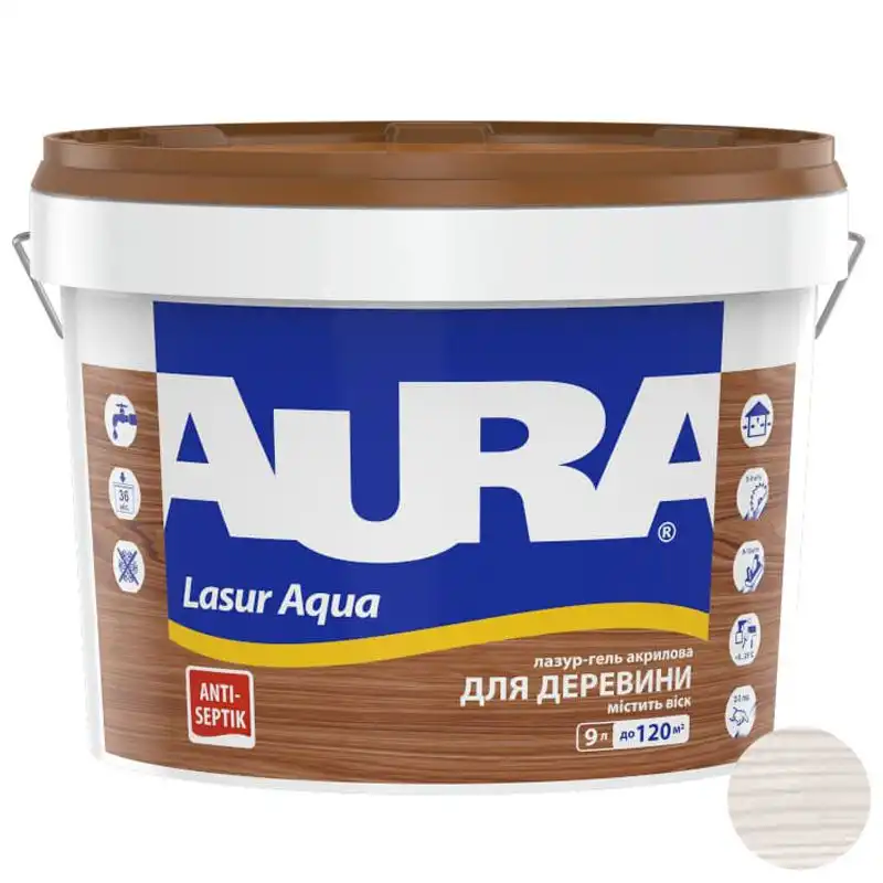 Лазурь акриловая Aura Lasur Aqua, 9 л, полуматовый, белый купить недорого в Украине, фото 1