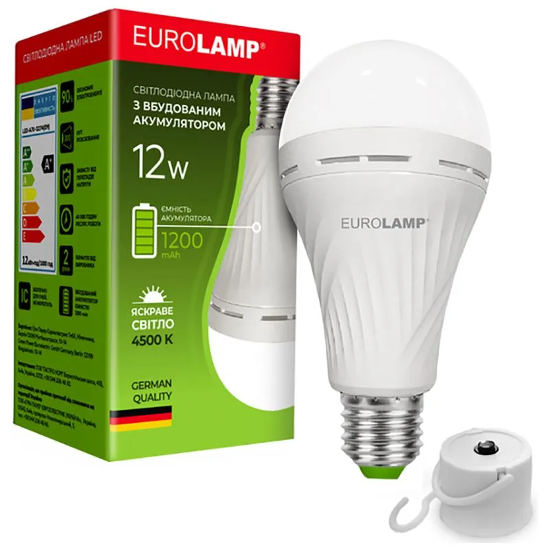 Лампа светодиодная аккумуляторная Eurolamp 12 Вт, A70 E27 4500K, LED-A70-12274(EM) купить недорого в Украине, фото 1