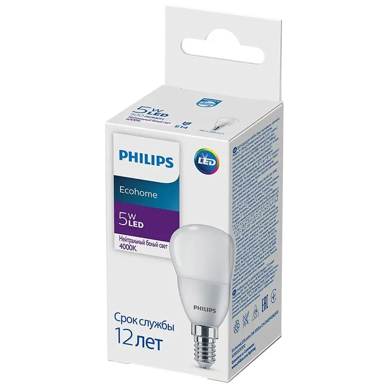 Лампа світлодіодна Philips Ecohome, 5 Вт, E14 840 P45, 929002970037 купити недорого в Україні, фото 1