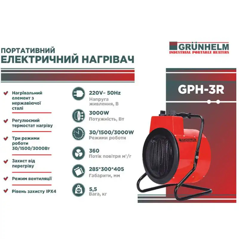 Обогреватель электрический Grunhelm GPH3R, 360 куб.м/час, 3 кВт, 220 В, 91068 купить недорого в Украине, фото 2