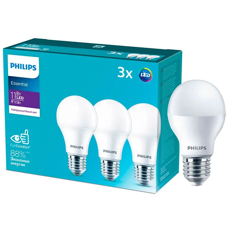 Лампа світлодіодна Philips Essential ESS LEDBulb 11Вт, E27, 4000K, 3 шт, 929002299747 купити недорого в Україні, фото 1