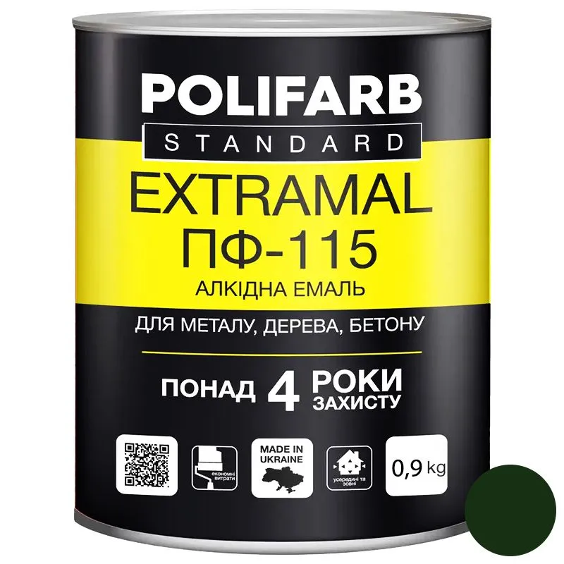 Емаль Polifarb ExtraMal ПФ-115, 0,9 кг, темно-зелена купити недорого в Україні, фото 1