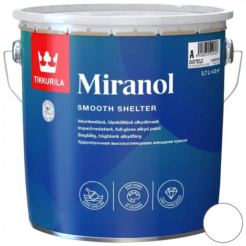 Эмаль алкидная универсальная Tikkurila Miranol, 2,7 л, белый купить недорого в Украине, фото 1