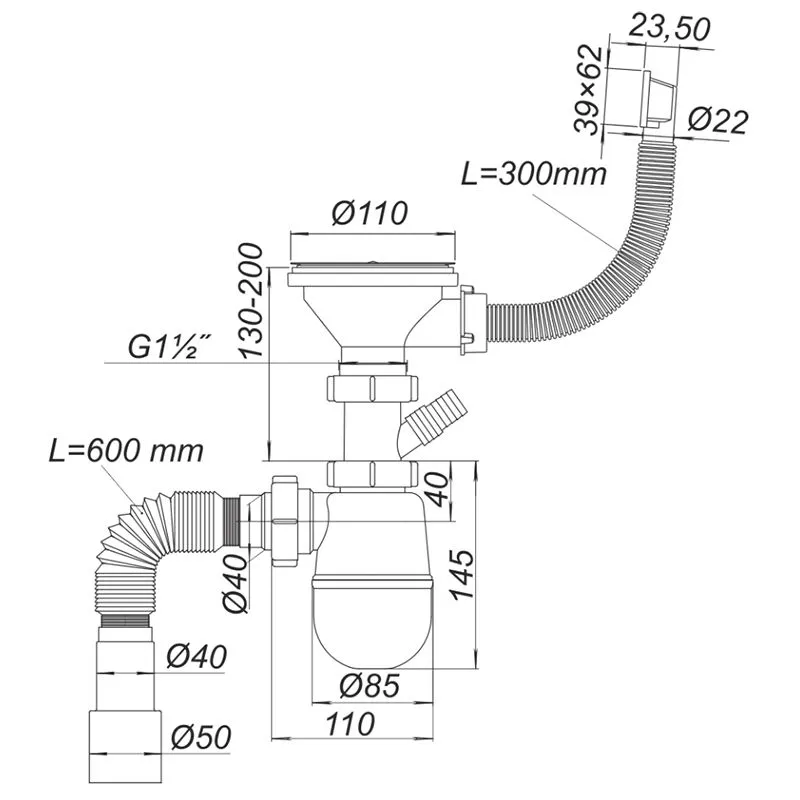 Сифон для мойки Vidan ДУ 40/50 ТА-К1150-10, 3 1/2, 000139922 купить недорого в Украине, фото 2