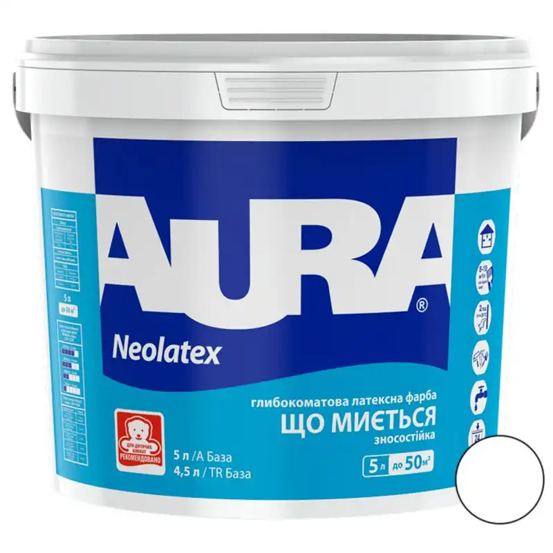 Фарба інтер'єрна акрилова Aura Neolatex, 5 л, глибокоматова, білий купити недорого в Україні, фото 1