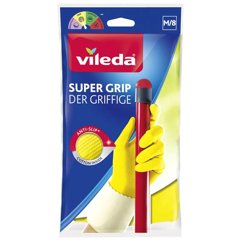 Рукавички латексные сверхпрочные Vileda Super Grip, M, 1 пара, жёлтый купить недорого в Украине, фото 1
