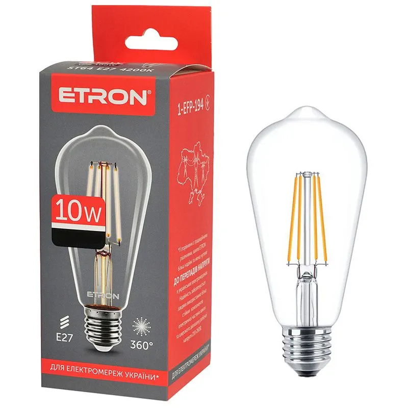 Лампа філаментна Etron, 10W, ST64 E27, 4200K, 1-EFP-194 купити недорого в Україні, фото 1