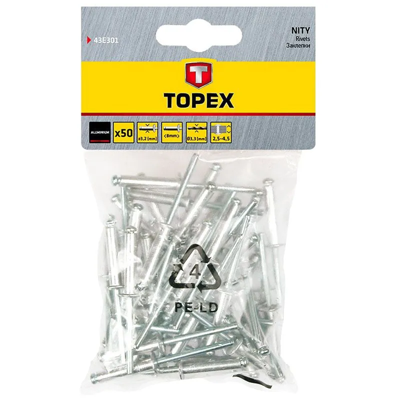 Заклепки алюмінієві Topex, 3,2 x 8 мм, 50 шт, 43E301 купити недорого в Україні, фото 1