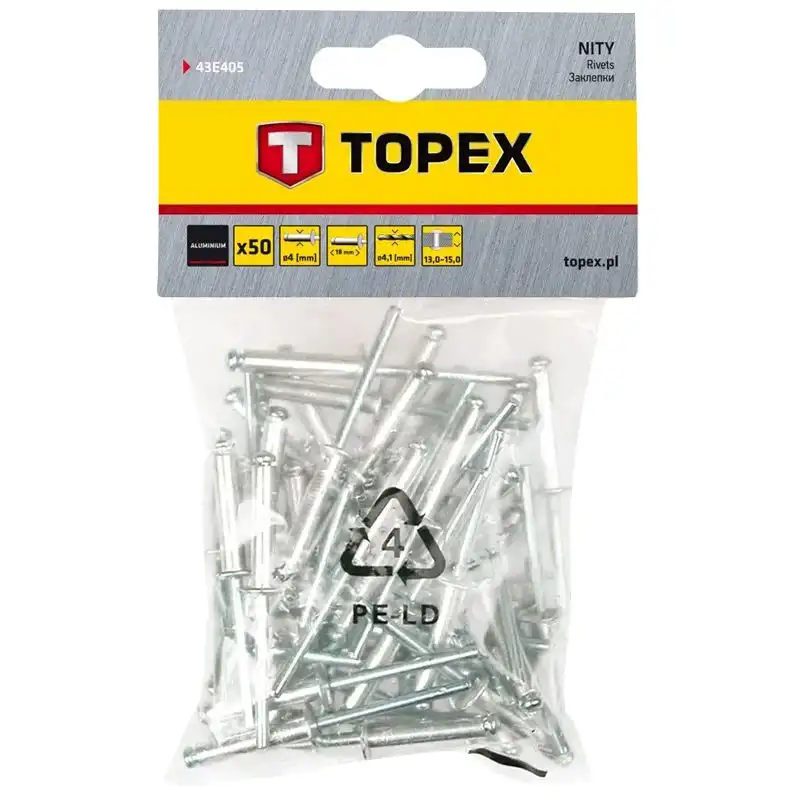 Заклепка алюминиевая Topex, 4x18 мм, 50 шт, 43E405 купить недорого в Украине, фото 2