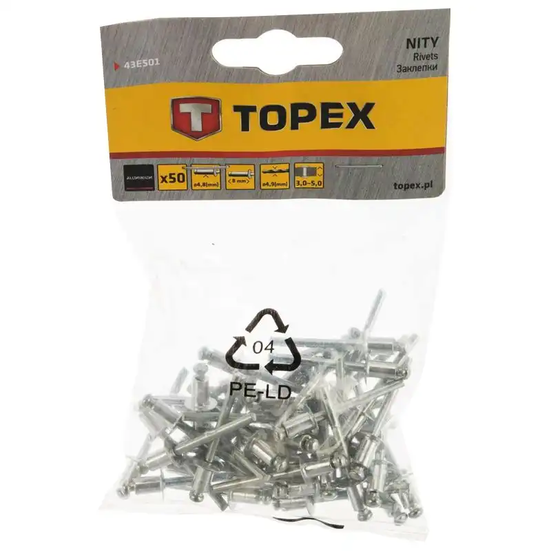 Заклепка алюминиевая Topex, 4,8x8 мм, 50 шт, 43E501 купить недорого в Украине, фото 2