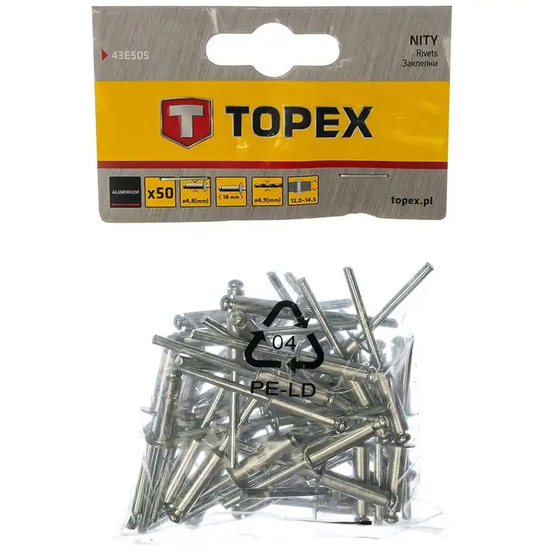 Заклепка алюминиевая Topex, 4,8x18 мм, 50 шт, 43E505 купить недорого в Украине, фото 2