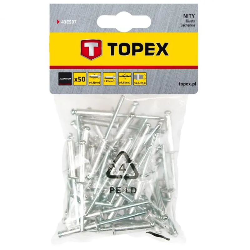 Заклепка витяжна алюмінієва Topex, 4,8x23 мм, 50 шт, 43E507 купити недорого в Україні, фото 1